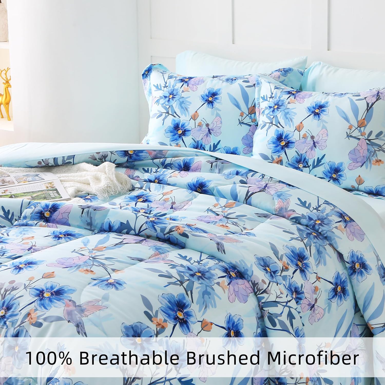 Floral Queen Comforter Set with Sheets, 7 Piece Luxury Vintage Bedding, Soft Microfiber Bed in a Bag, Cozy Lightweight Bed Set, Blue Flower Leaf Botanical