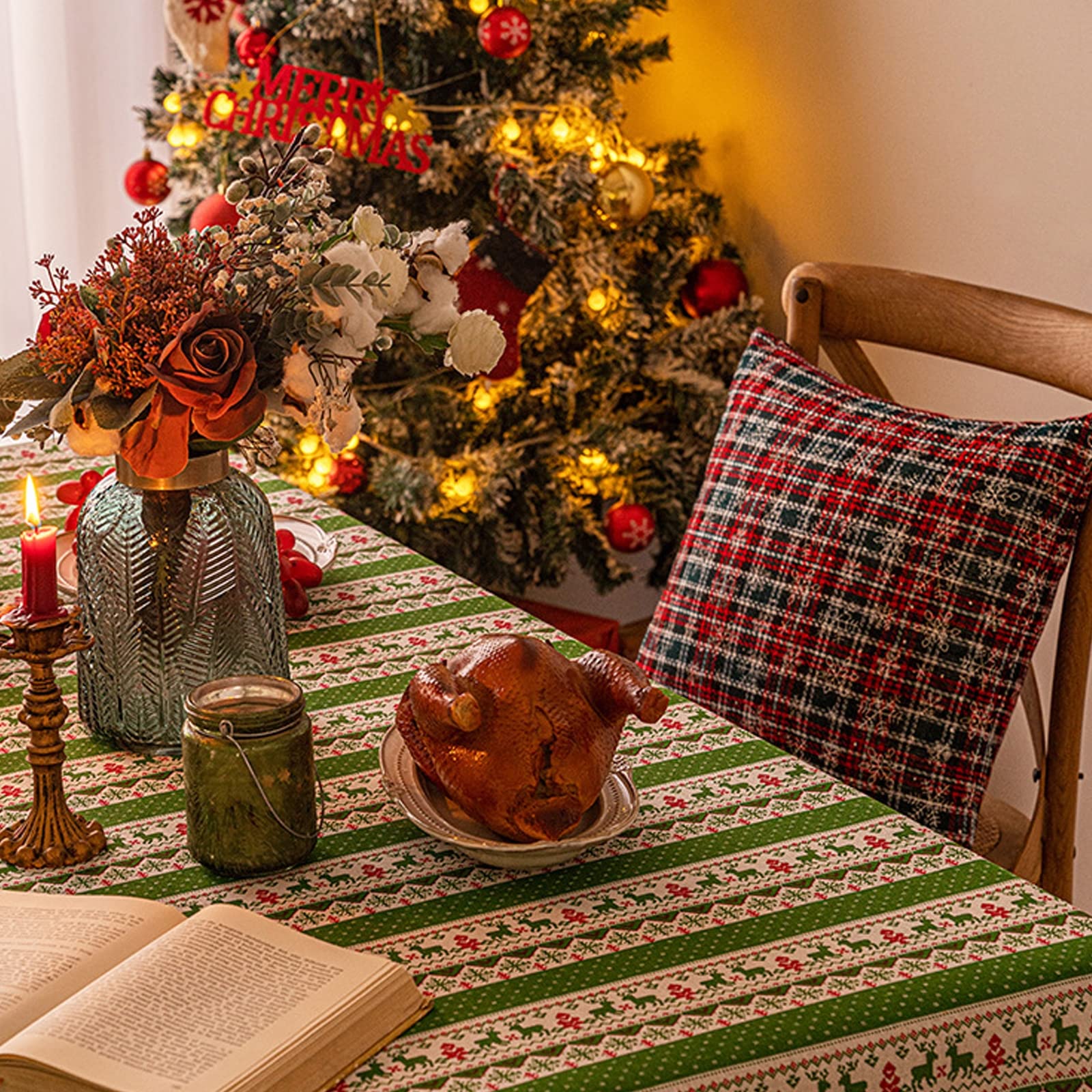 Nappe infroissable avec coutures jacquard pour cuisine, salle à manger, fête de Noël – 140 x 241 cm