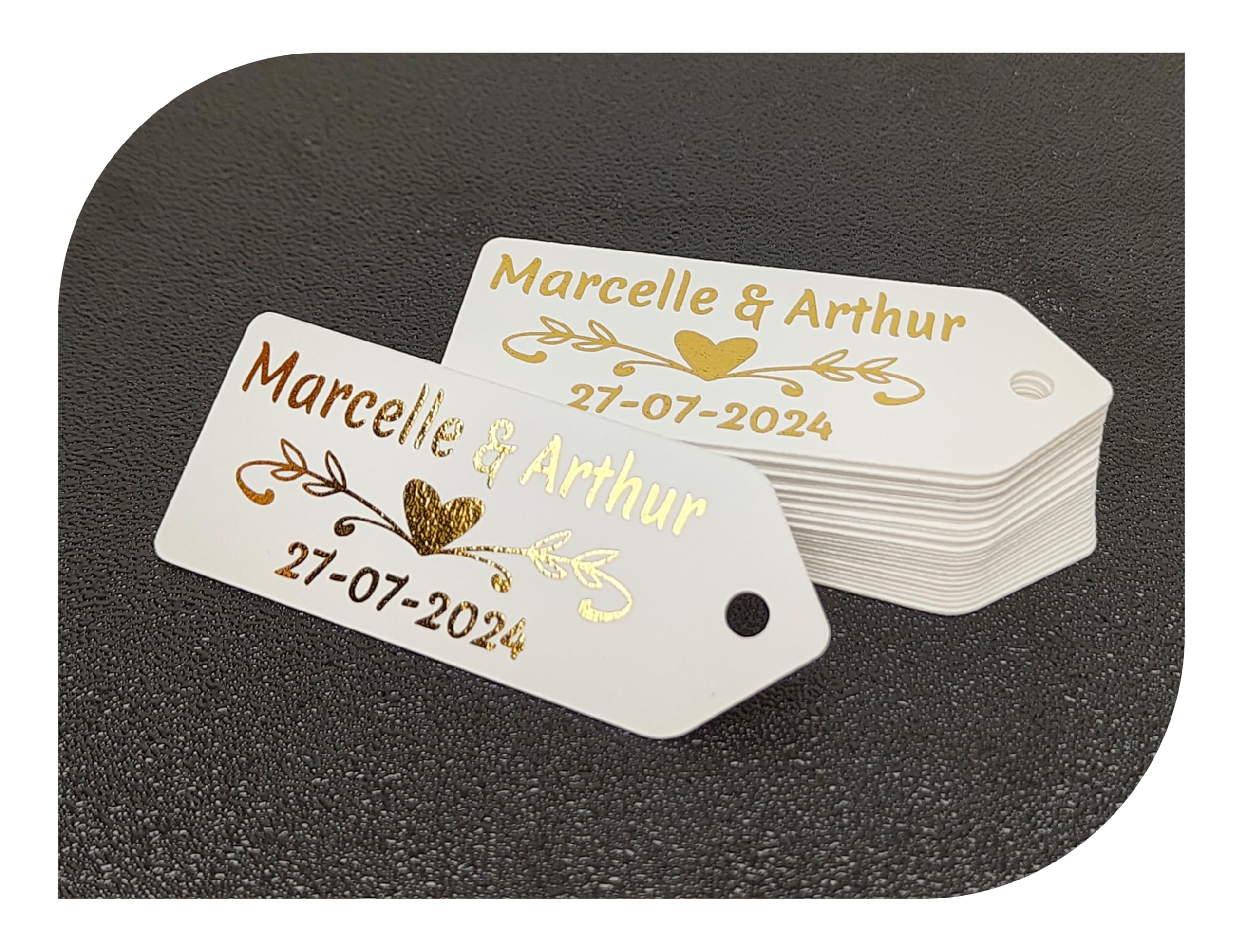 Etiquetas Personalizadas con Nombre y Fecha. Etiquetas Colgantes con estampado ORO, PLATA para Invitacion Boda, Bautizo, Compromiso, Comunion, Cumpleaños, Fiesta, Recuerdo, Sellos