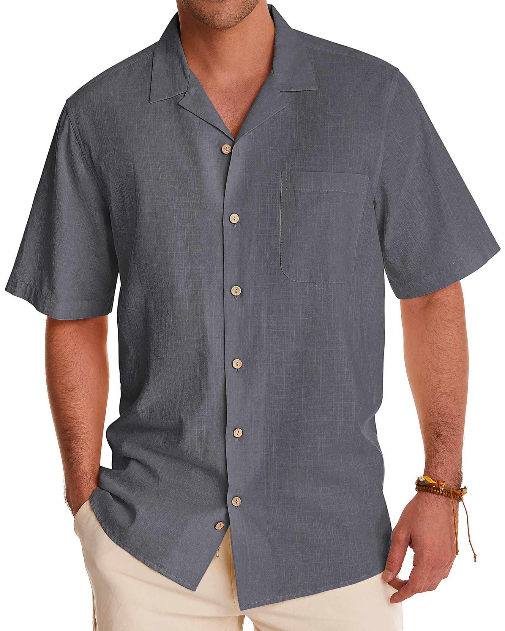 Alimens & Gentle Mens Linen Shirts Cotton Hawaiian Shirts Short Sleeve Button Down Shirts Casual Summer Beach Tops