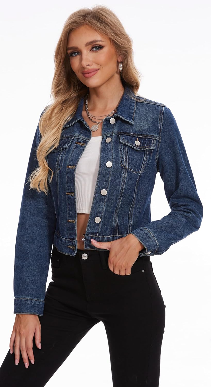 andy & natalie Women’s Denim Jackets Cropped Long Sleeve Basic Button Down Crop Jean Shacket with Pockets