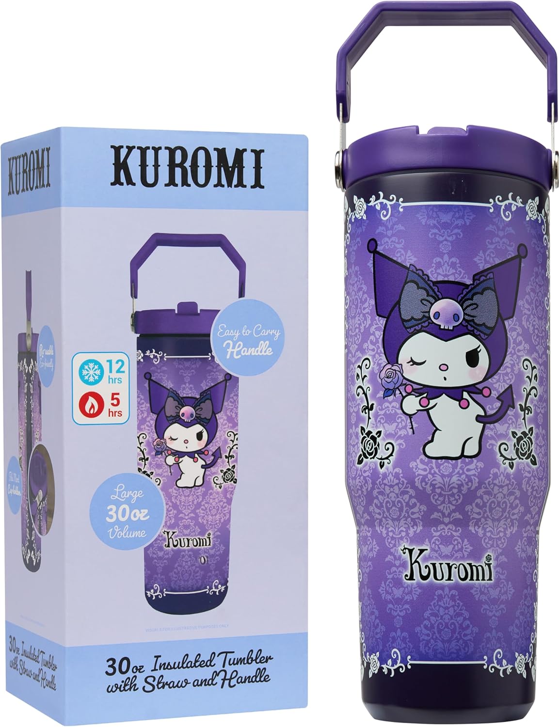 Get Trend Hello Kitty Sanrio Tumbler Stainless Steel with Straw 30oz Girls Teens Insulated Cup with Lids, Kuromi Travel Mug, Kawaii Gifts for Girls (Purple Kuromi)