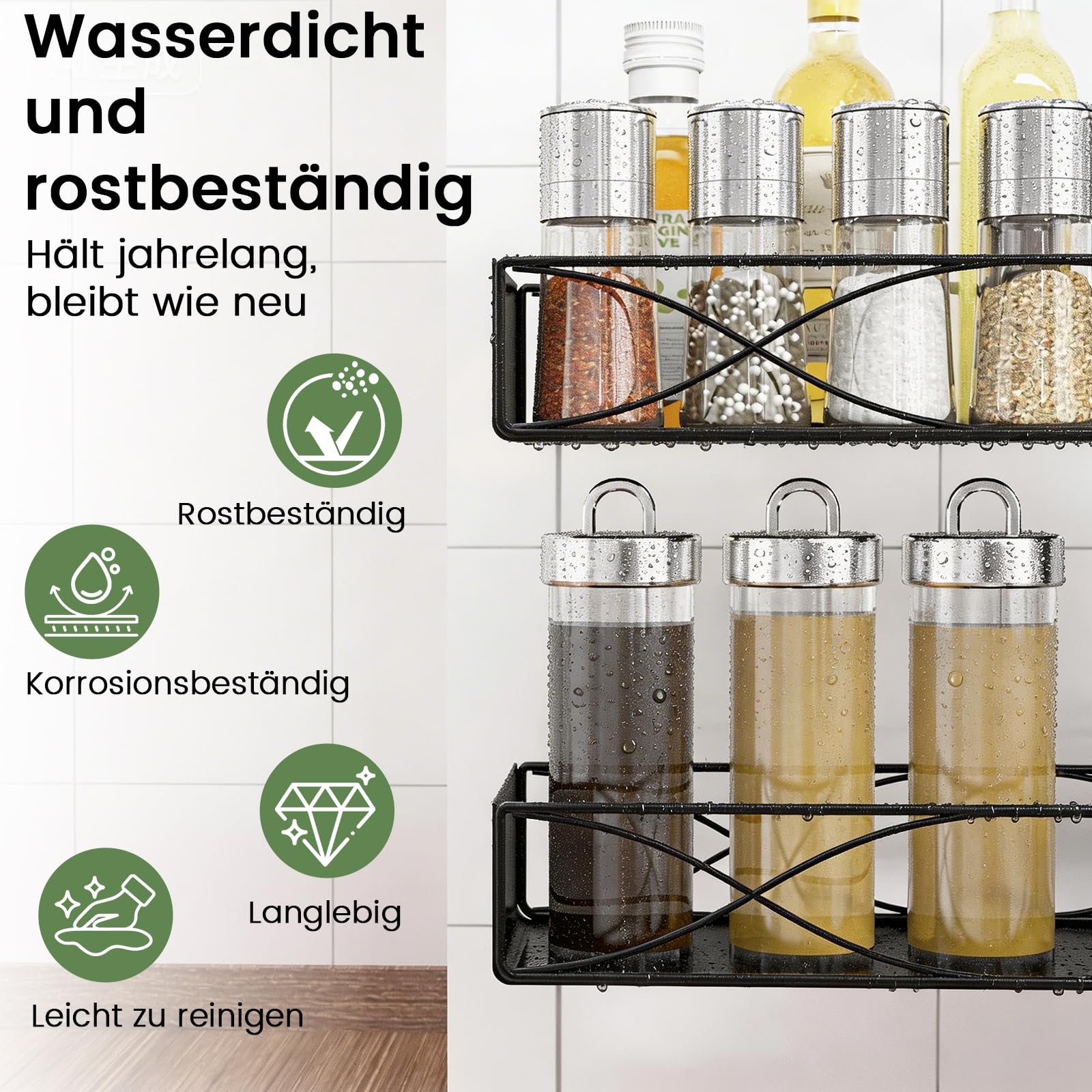 Mixoo 4 Stück Drehbar Gewürzregal Stehend Ohne Bohren,Höhenverstellbar:42–62 cm,Extra Große Kapazität Gewürz Organizer Ecke für Küchen,Metall Spice Rack Wasserdicht Schwarz,für Viele Gewürze (Schwarz)