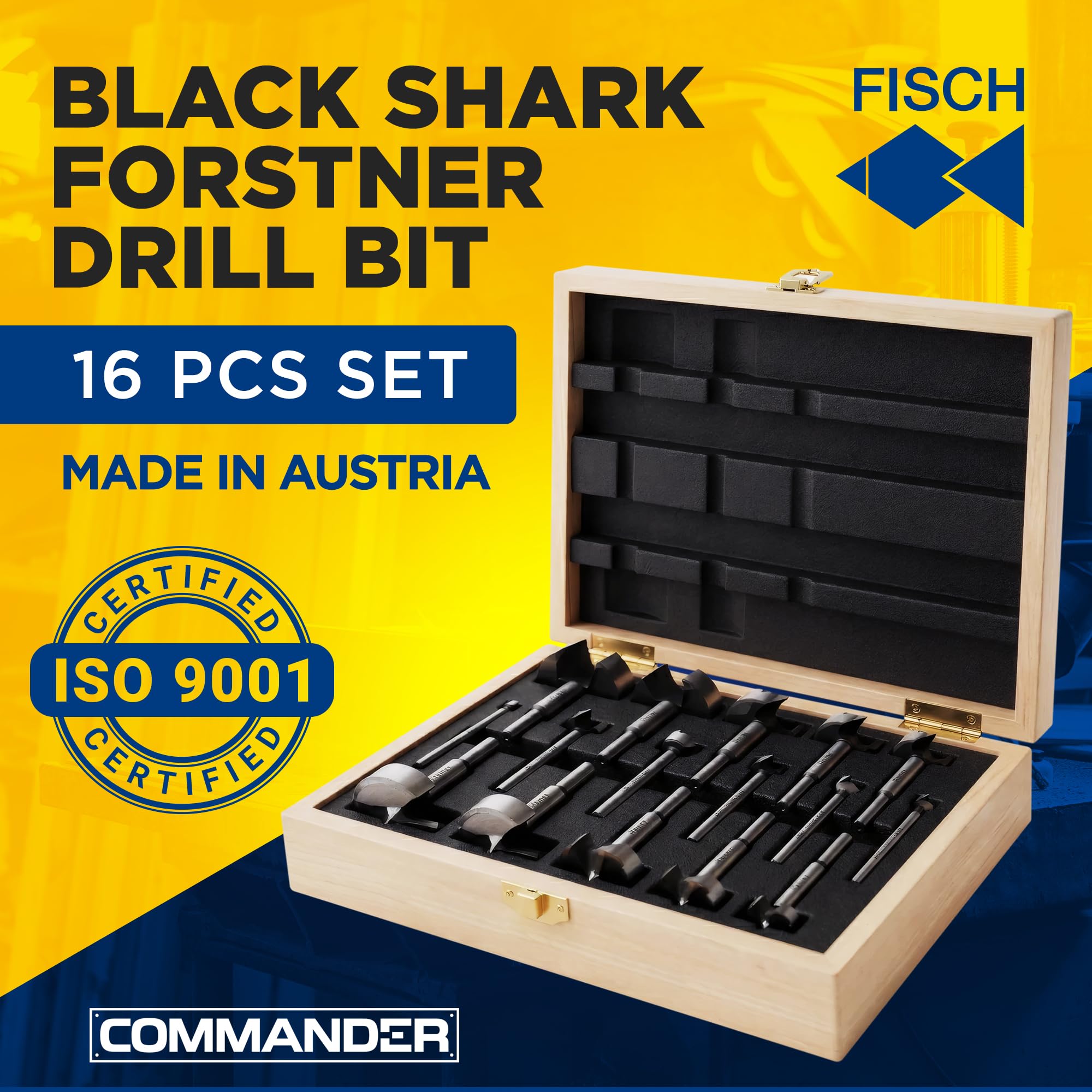 Fisch FSA-375005 - Juego de 16 brocas Forstner de tiburón negro, caja de madera personalizada, incluye brocas de 15 mm hasta 35 mm y acero forjado de 1/4 pulgadas hasta 2 pulgadas de diámetro,