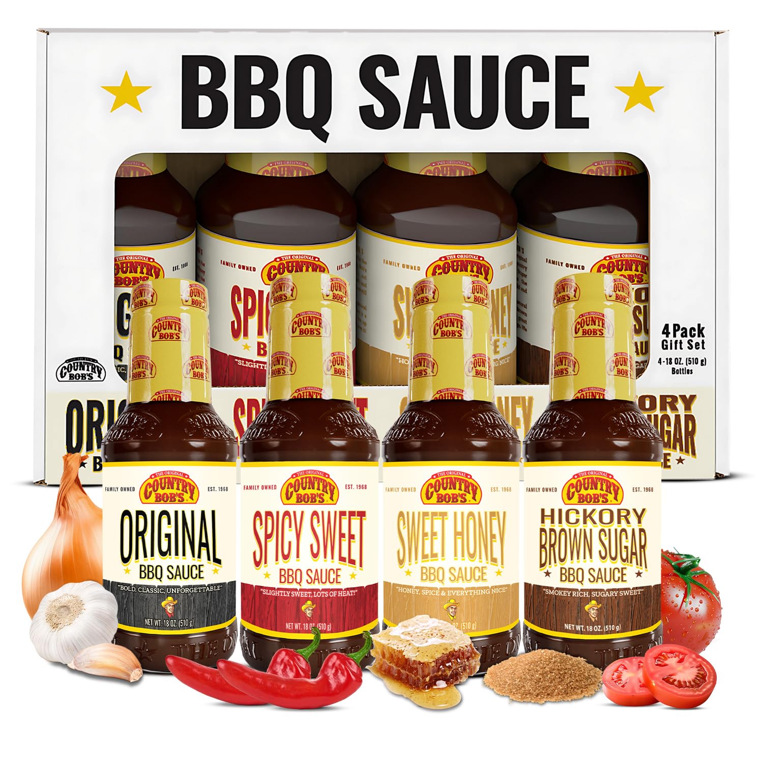Country Bob's BBQ Sauce Variety Pack - Spicy Sweet, Original, Hickory & Brown Sugar, Sweet Honey, Savory Marinades for Grilling, Glazing, 18oz Each
