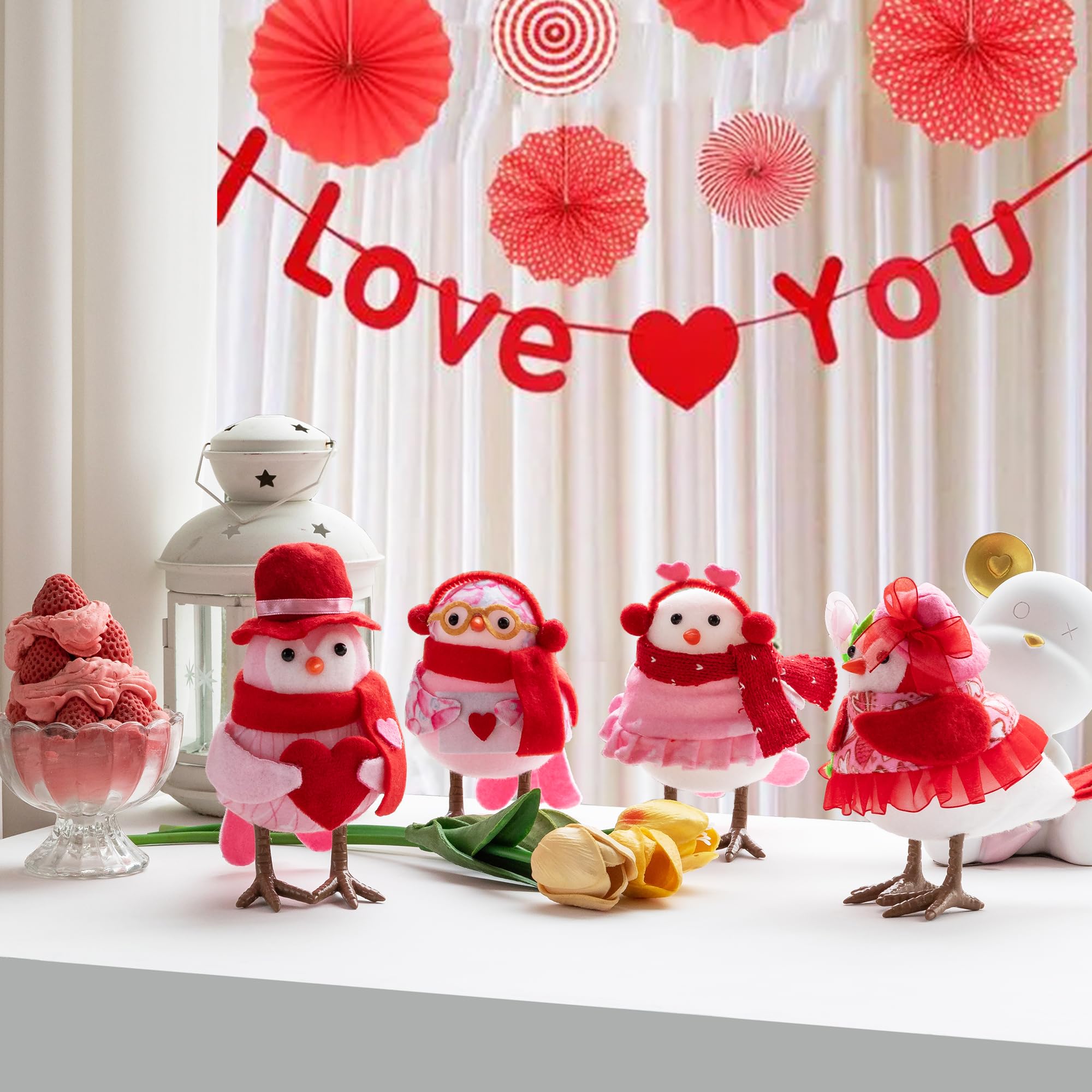 Valentine Birds Decorations,Valentine Fabric Birds Figurine,Decor Set of 4 Holding Love Sign Birds, Valentines Day Decorations for Home Table Tray Ornaments,Sweet Gifts for Women