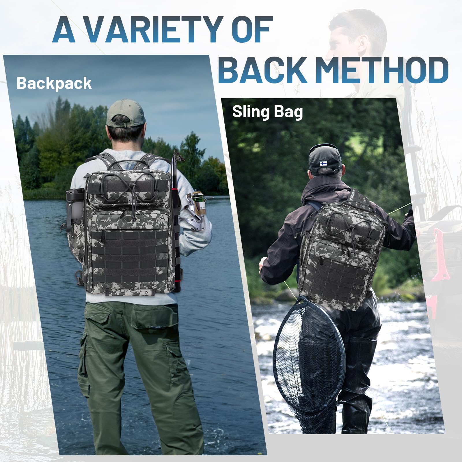 Mochila de Pesca 37L Bolsa de Pesca Mochila para Aparejos de Pesca con Soporte para caña Bolsas Almacenamiento Aparejos Impermeables Bolsa para Pesca Senderismo Caza Camping Deporte al Aire libr