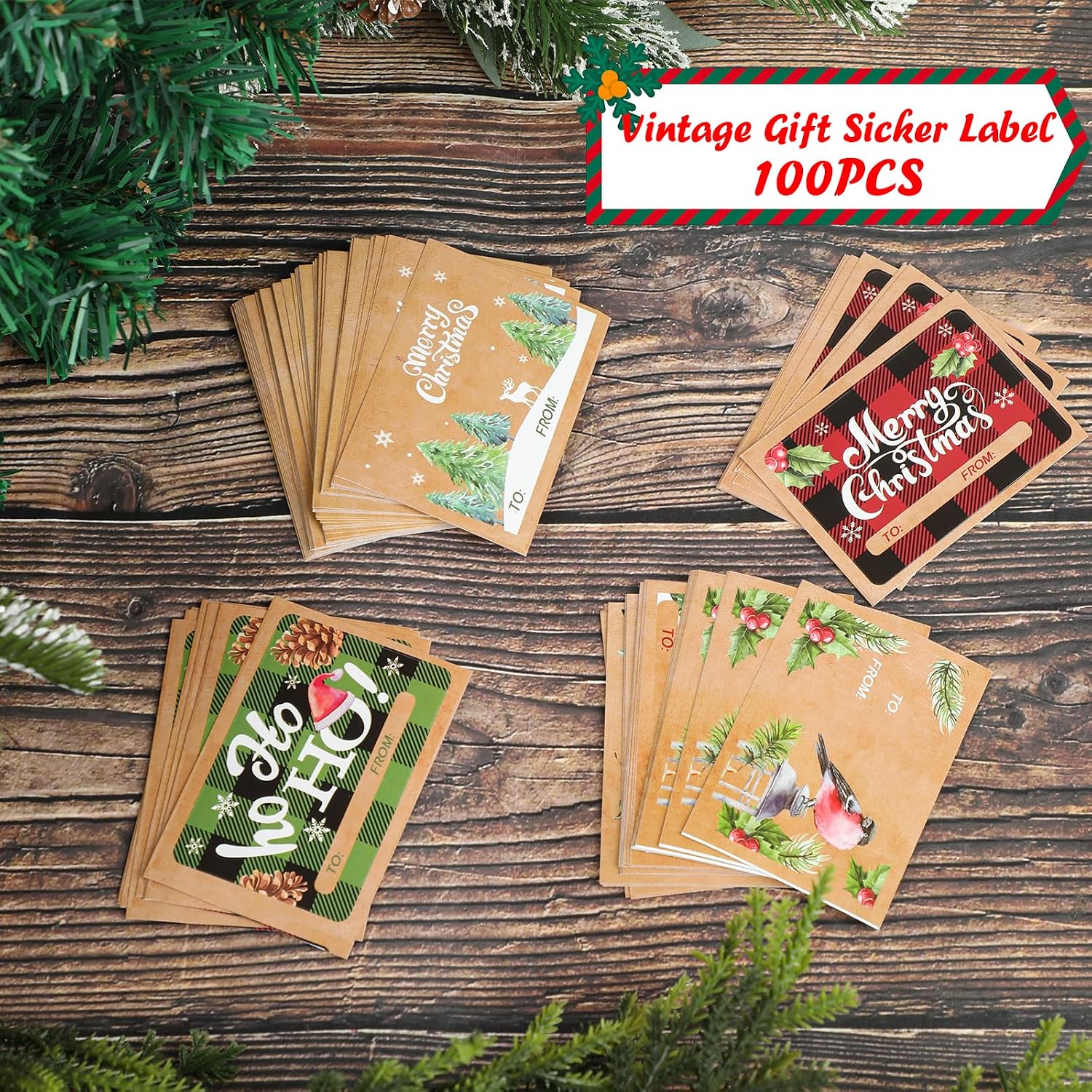 FOIMAS 100pcs Christmas Gift Tag Sticker,Self-Adhesive Gift Name Tag Sticker Vintage Santa Claus Tree Gift Tag Label for Christmas Gift Wrapping Supply, 2.95''x1.96'', FOIMAS-US-DK612M5P1 image 4