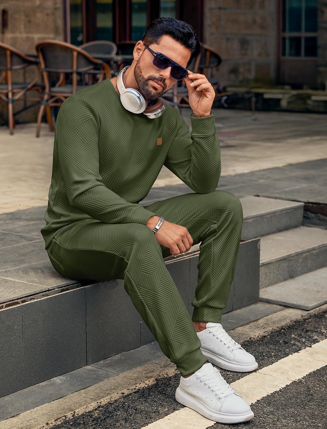 Vssjavun Men Sweatsuits Sets Jacquard Long Sleeve Tracksuits 2 Piece Set image 4