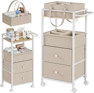 おむつストッカー 2WAY 収納ワゴン ベビー用品 出産準備 大容量 4段 キャスター付き 持ち運び おむつバッグ 取り外し可能 赤ちゃん用品 収納ボックス おむつ入れ 整理整頓 移動便利 仕切り付き ストッカー ナーサリー収納 (ベージュ)