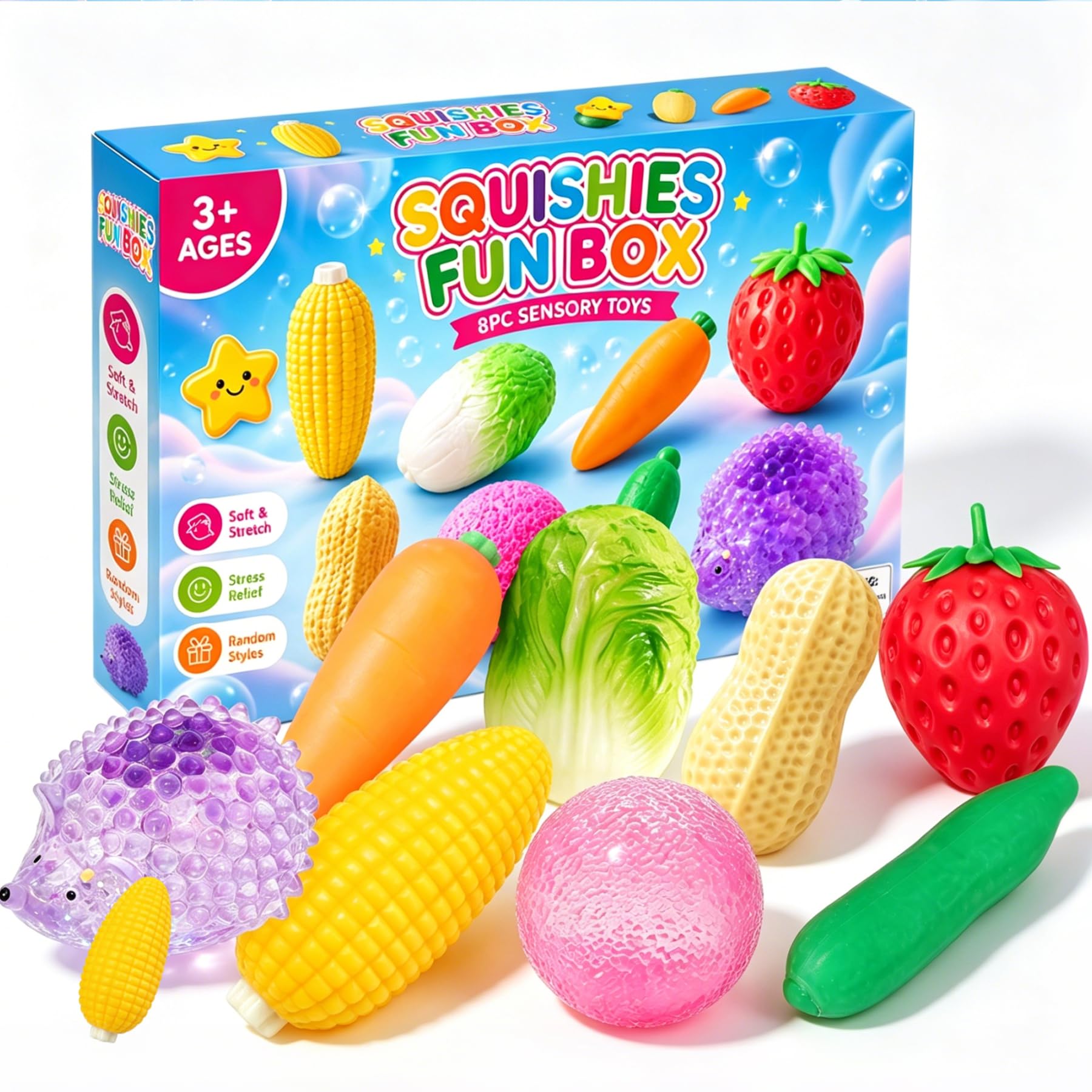 8PCS Squishy Fun Box Surprise Set Pack, Sugar Filled Stress Ball, Relief Hand Relax Desk Decor Party Favor Gifts for Adult (8pcs-vegetable)
