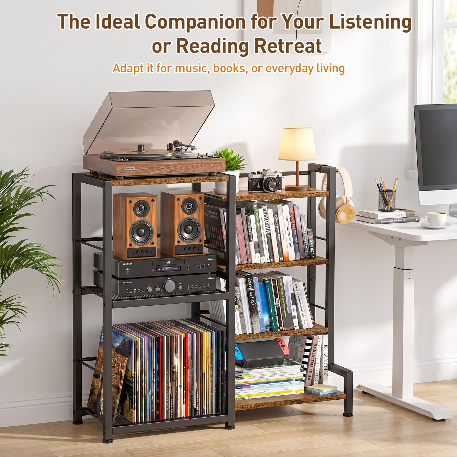 ikkle Scaffale per CD con supporto per dischi in vinile, scaffale per DVD e Blu-ray a 7 ripiani | Supporto compatto per CD e DVD, con supporto per giradischi, per CD, DVD, giochi e libri, per soggiorno, casa, ufficio