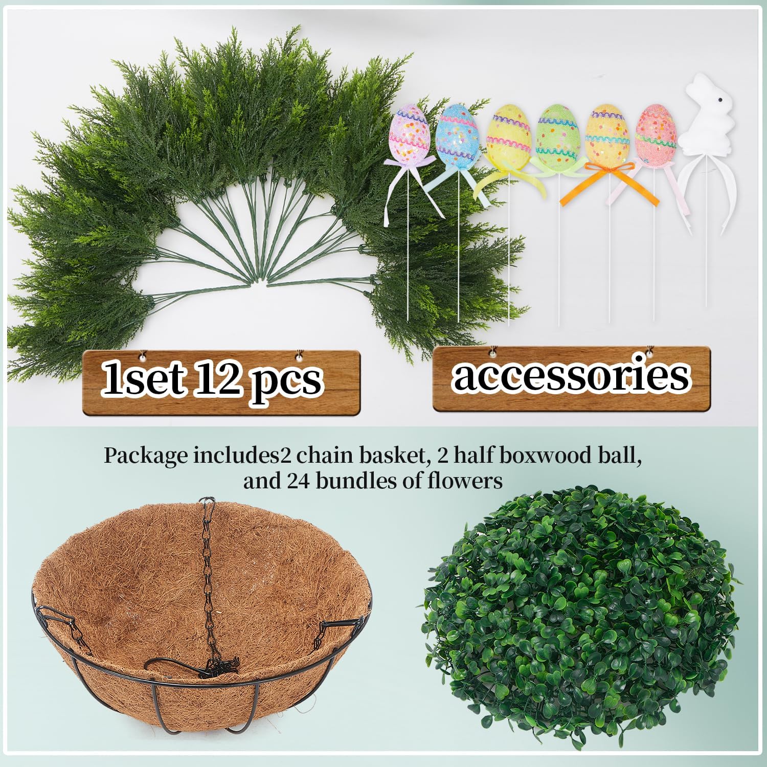 Artificial Easter Hanging Basket - 24 Cedar Branches, 12 Decorative Eggs & 2 Bunny - Easter Porch Decor for Patio, Home, Spring Outdoor/Indoor Hanging Planter 22-Inch 2PCS