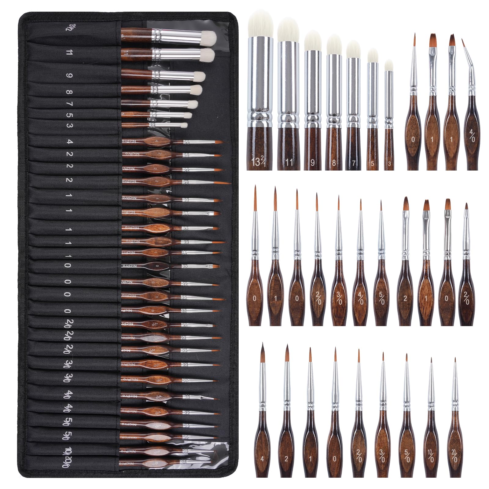 Nicpro Miniature Paint Brushes Dry Brush - 31PCS Model Paint Brush Set with Cloth Roll for Acrylic Oil Watercolour Detail Paint Brush Drybrush for Model, Miniature Painting, Paint by Numbers, Craft
