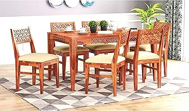 HOWZBOX CNC Sheesham Wood Dining Table 6 Seater | Wooden Table Set with Six Chairs | Solid Wood Dinner Table with Cushion Chairs for Hotel/Restaurants | 6 Seater Dining Table with Honey Finish