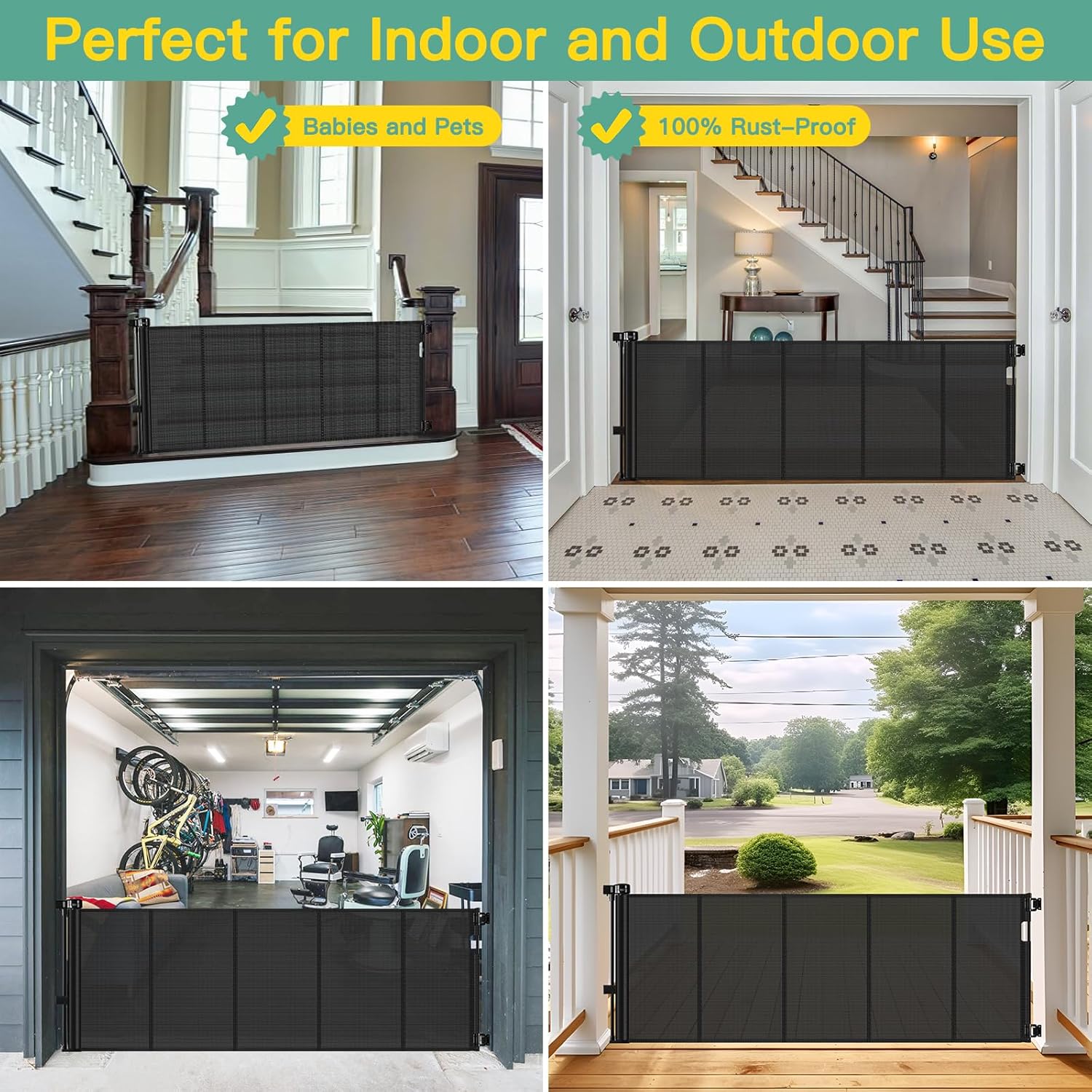 Size 60 Color Black Reinforced 60 Wide Retractable Baby Gates with Upgraded Rods - Bottom Anti-Escape, 5 ft Mesh Baby Gate Retractable Dog Gate Indoor Pet Gate Retractable Stair Gate Outdoor Retractable Gate, Black