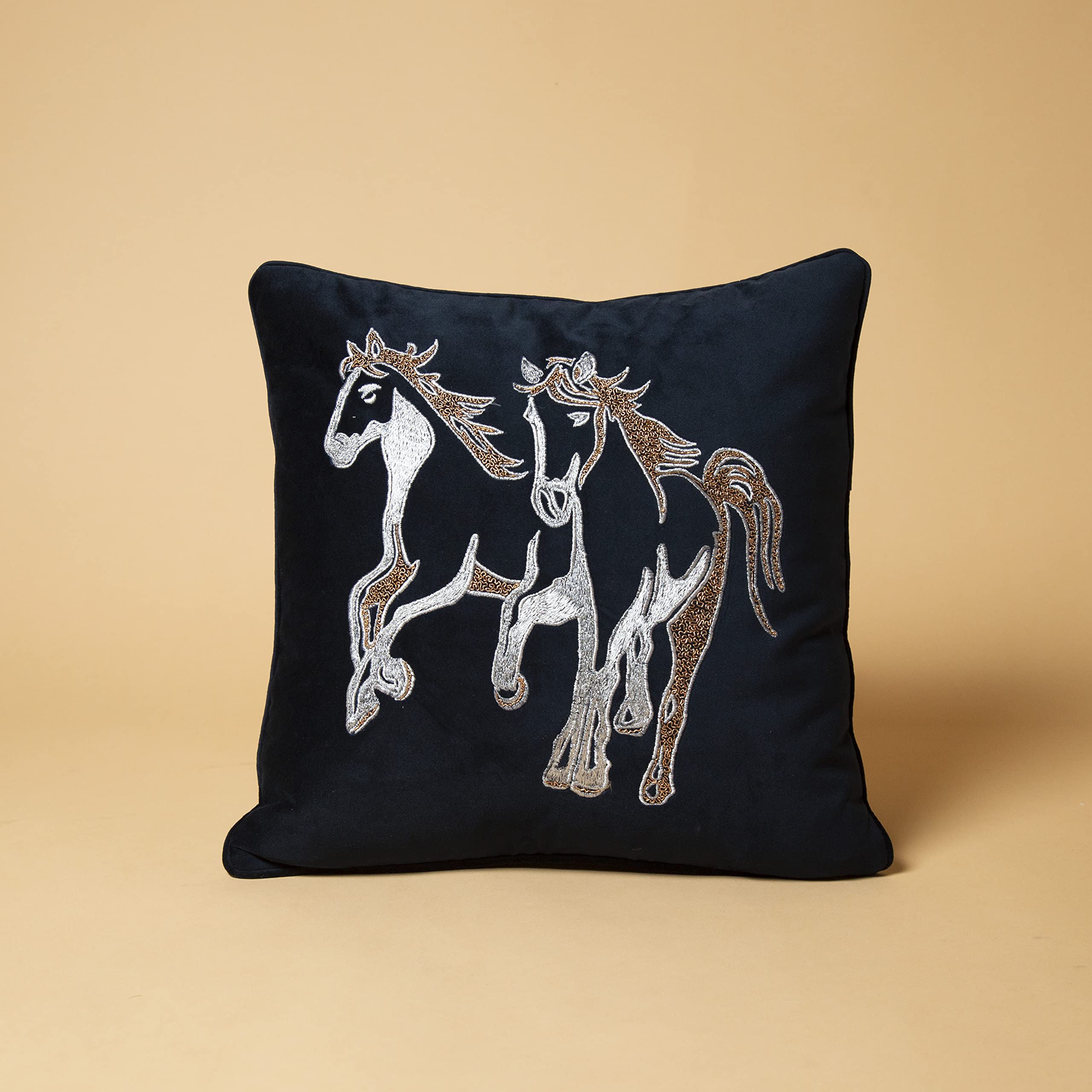 chann studio Velvet Cushion Covers 18 x 18 Inch Indian Pillowcase Modern Home Decorative Cushion Stallion Zardoshi Pillowcase for Sofa Chair Bedroom Living Room
