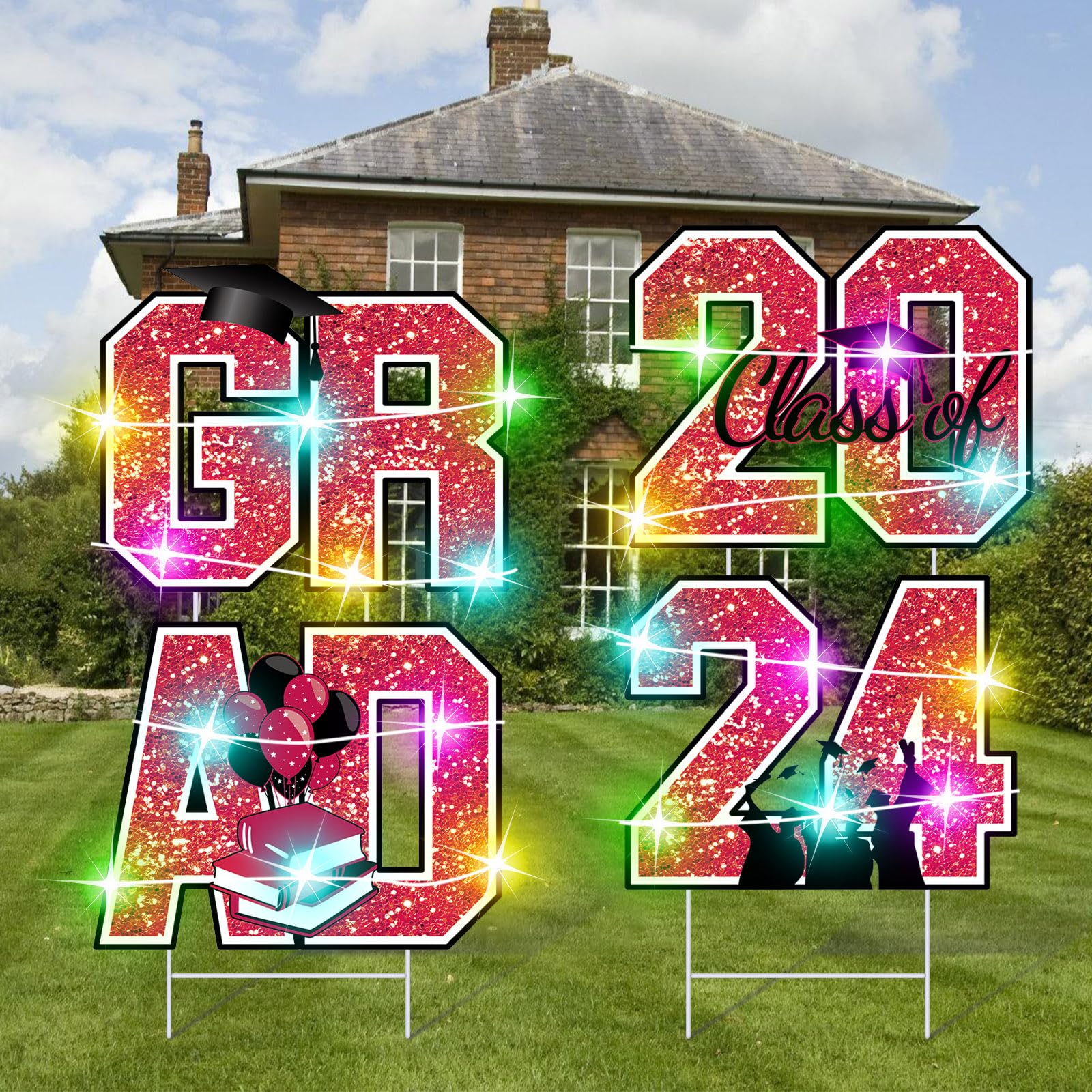 Photo 1 of Graduation Yard Sign Decorations Class of 2024, Graduation Yard Signs with Lights, Waterproof Remote Controlled, 2024 Graduation Party Decorations Red and Black