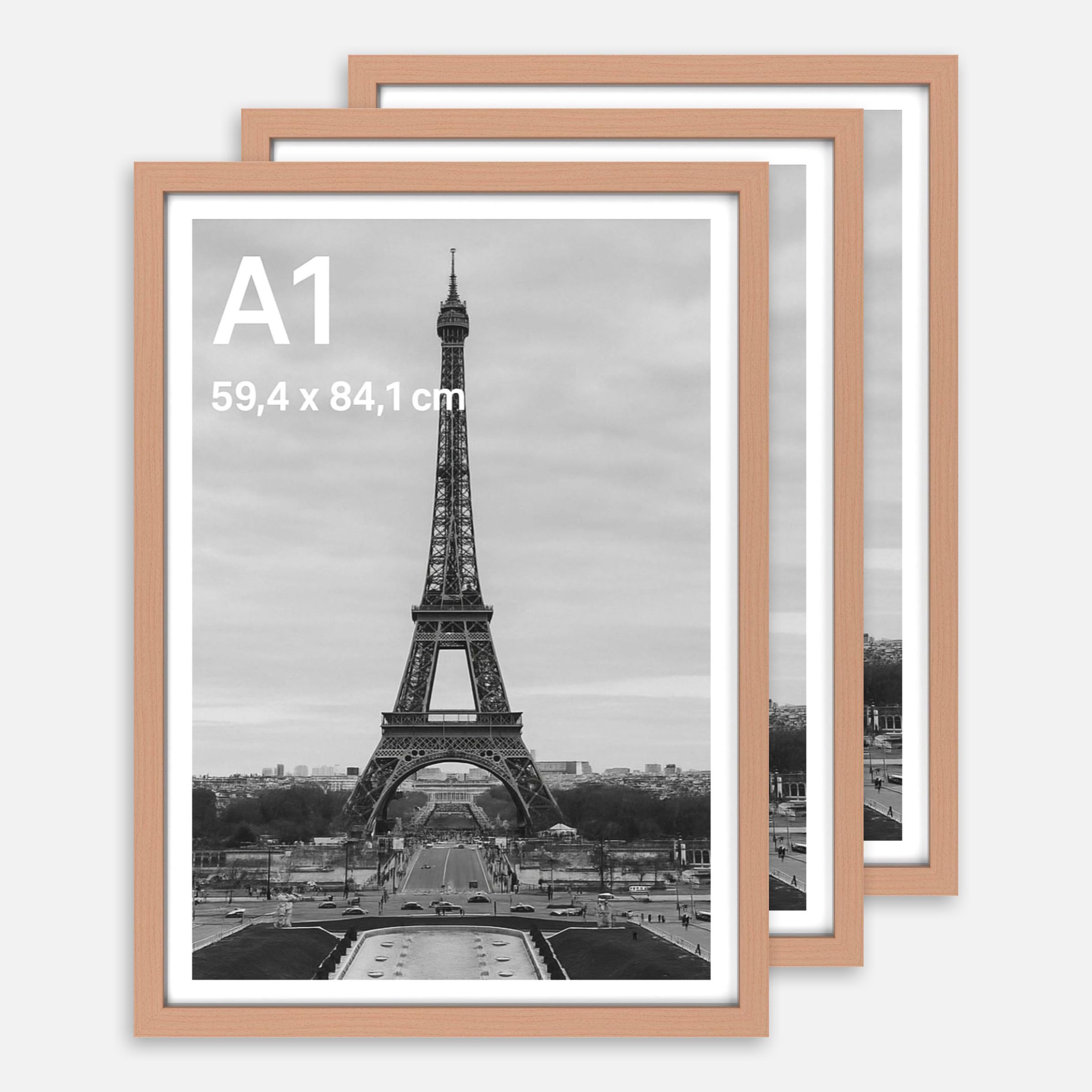 Stunning Large A1 Photo Poster Certificate Frame (59.4 x 84.1 cm) with Backboard and Styrene Included for Portrait and Landscape Display Wall Hanging, Beech, A1 3Pack — image 1