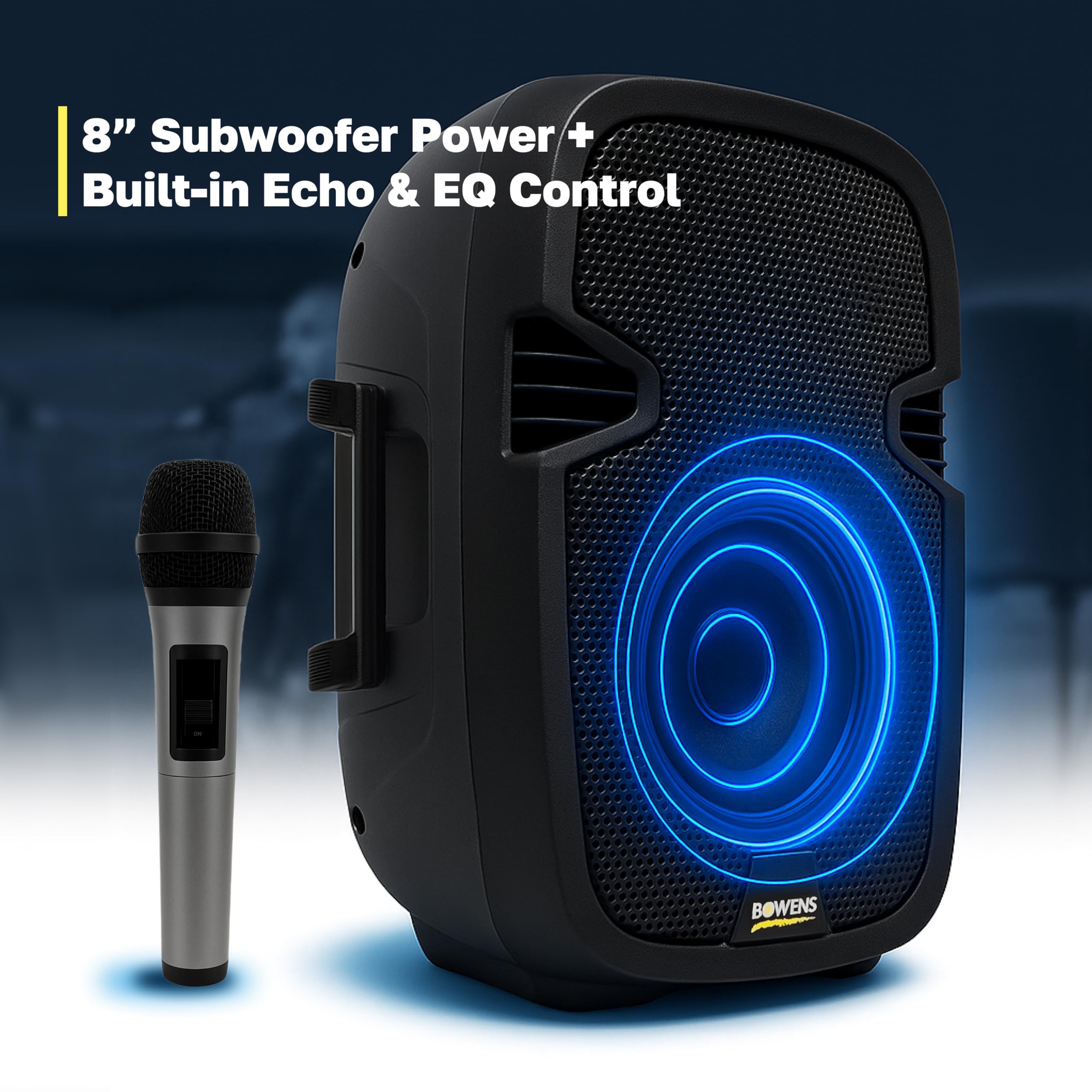 Bowens 8-Inch Bluetooth PA Speaker Set – Portable Speakers Bluetooth Wireless Microphone with Stands and Cable – Party Speaker & DJ Speakers Outdoor Sound System, PA System Set for Events, Karaoke
