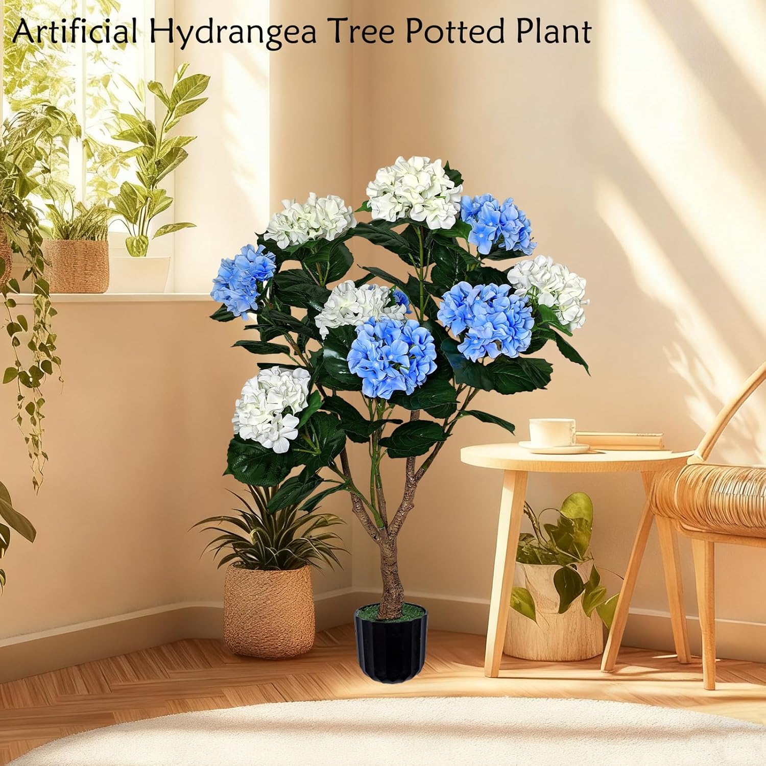 Artificial Hydrangea Tree Outdoor Indoor, 3.7FT Potted Faux Tree with Silk Flowers,Realistic Fake Green Plant with Natural Wood Trunk for Office Home Porch Decor