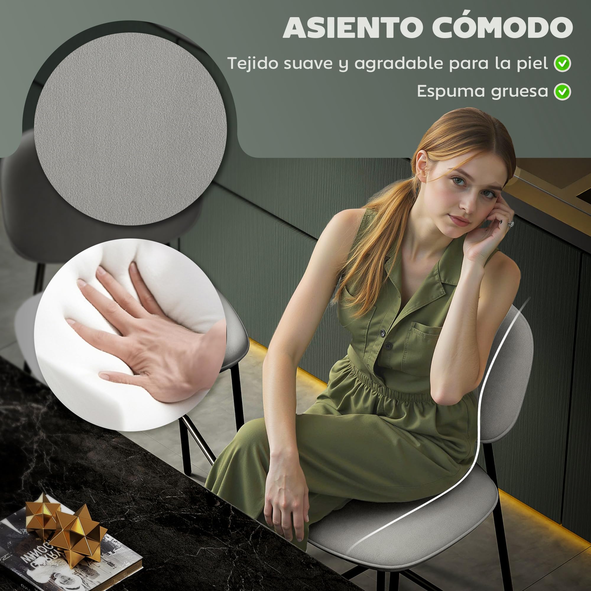HOMCOM Juego de 2 Taburetes de Bar con Respaldo y Reposapiés Gris Claro | Taburetes Altos de Cocina, Tapizado en Terciopelo, Marco de Acero, para Comedor Mostrador