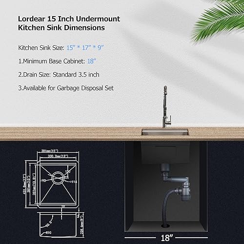 Miniatura 246 de Lordear Fregadero de cocina de montaje inferior de 23 pulgadas, estación de trabajo, fregadero de cocina de acero inoxidable calibre 16, cuenco