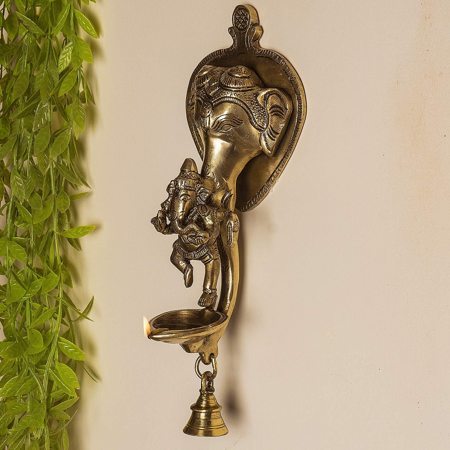 ONVAY Dancing Ganesha Brass Wall Hanging Oil Lamp with Bell