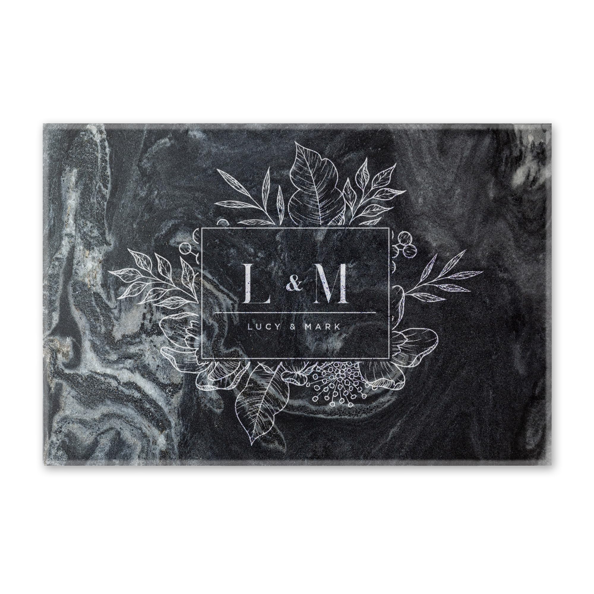 Personalised Solid Black Marble Chopping Board Custom Printed Cheese Board Botanical Serving Board