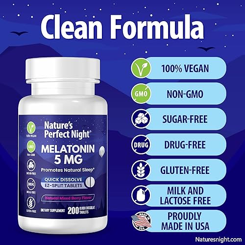 Miniatura 6 de Nature's Perfect Night Paquete | Melatonina 5 mg | Melatonina para niños de 1 mg | 200 unidades | 100 unidades | Sin azúcar | Sin gluten | Sin OMG |