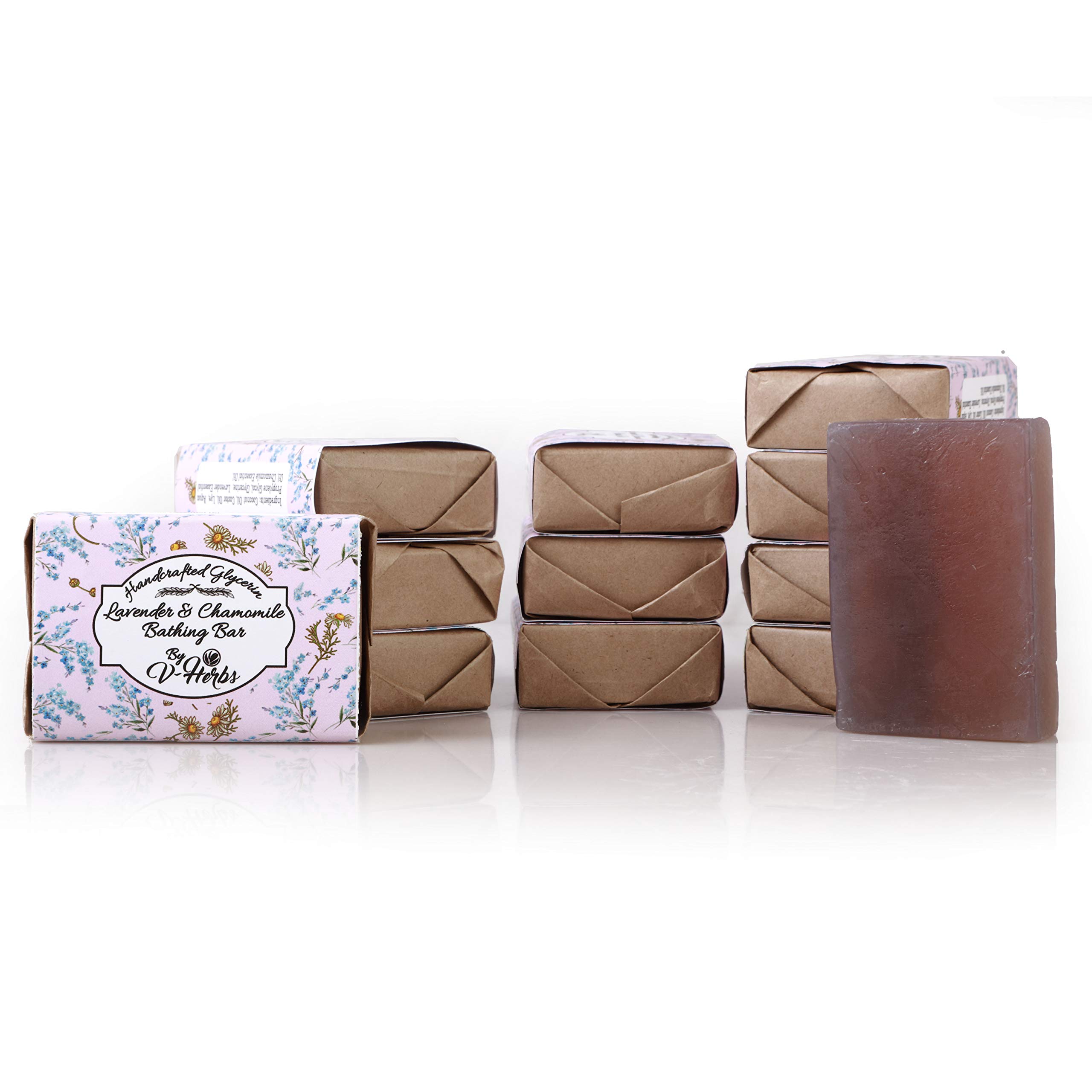 Handcrafted Lavender and Chamomile soap relaxing Glycerin Soap 100 g Each (12 pcs) contains sugar, coconut and castor oil completely organic handmade moisturizing and ayurvedic soaps