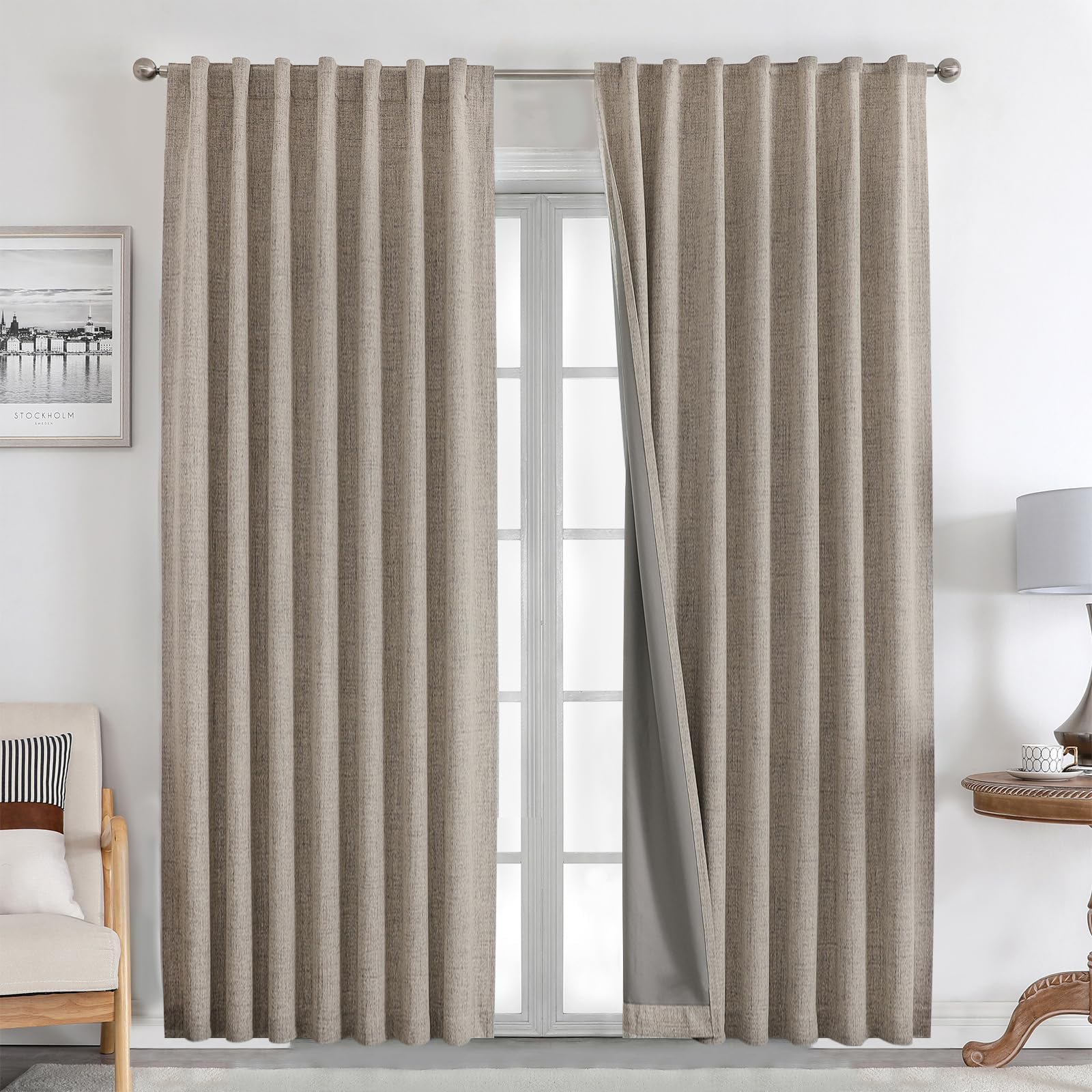 Joydeco 100% Blackout Curtains, 2 Pieces, Linen Curtains Bedroom with Pins, Anti Light Thermal Insulating Curtain Cold and Heat for Living Room (2 x 220 x 140, Linen)