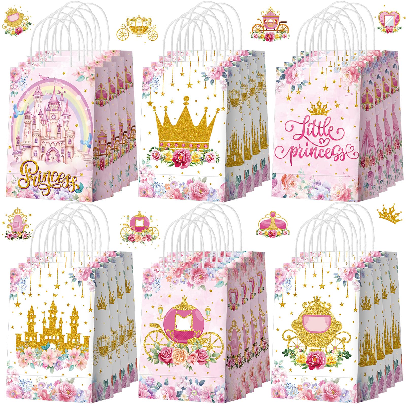 Kosiz 24 Pcs Princess Party Favors Bags Paper Little Princess Gift Goodie Bags with Handles Pink Floral Castle Crown Carriage Candy Treat Pouch for
