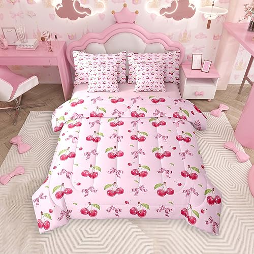 jejeloiu Kids Cherry Fruit Comforter Set 7 Pieces Full Size Ribbon Bow Bedding S
