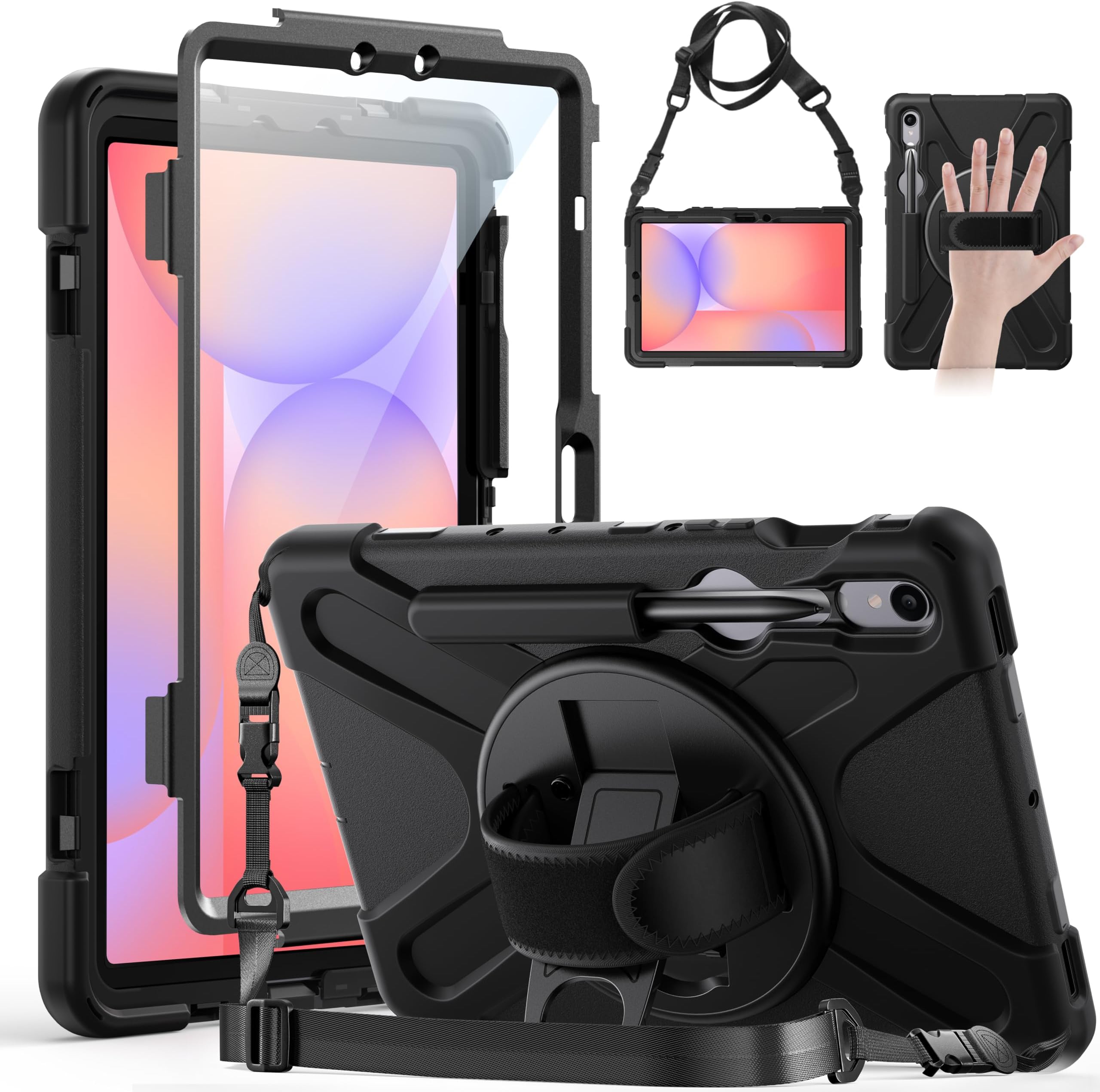 Gerutek Galaxy Tab S7 Case 11Inch 2020, 3-Layer Structure Shockproof Samsung Galaxy Tab S7 Case with Rotatable Kickstand, Shoulder/Hand Strap, Suit for Model SM-T870/T875/T878, Black
