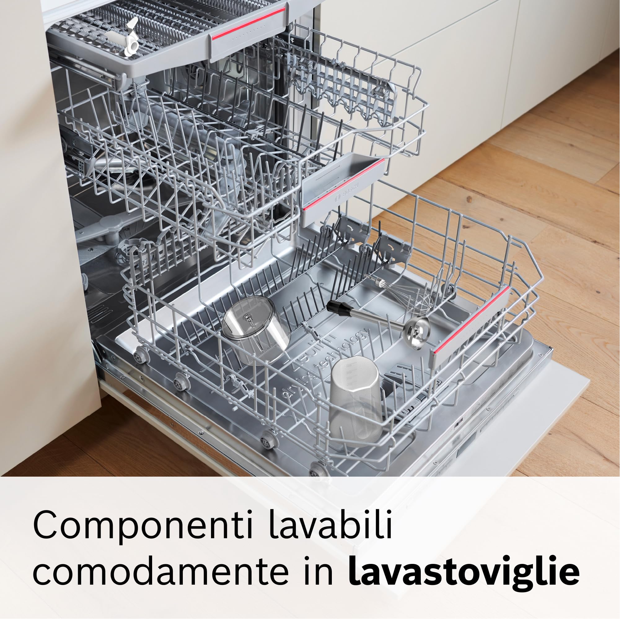 Bosch Frullatore a Immersione MSM67170, 750 W, 12 Velocità, Lama in Acciaio Inox, Impugnatura Ergonomica, Tritatutto, Lama Tritaghiaccio e Frusta Inclusi, Bicchiere Graduato, Cavo a Spirale, Nero