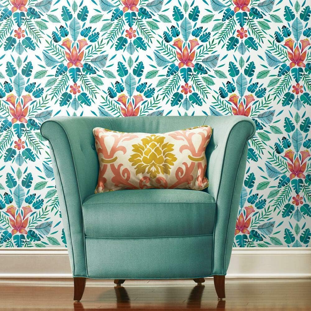RoomMates RMK11391RL Cat Coquillette Blue and Orange Tropical Peel and Stick Wallpaper