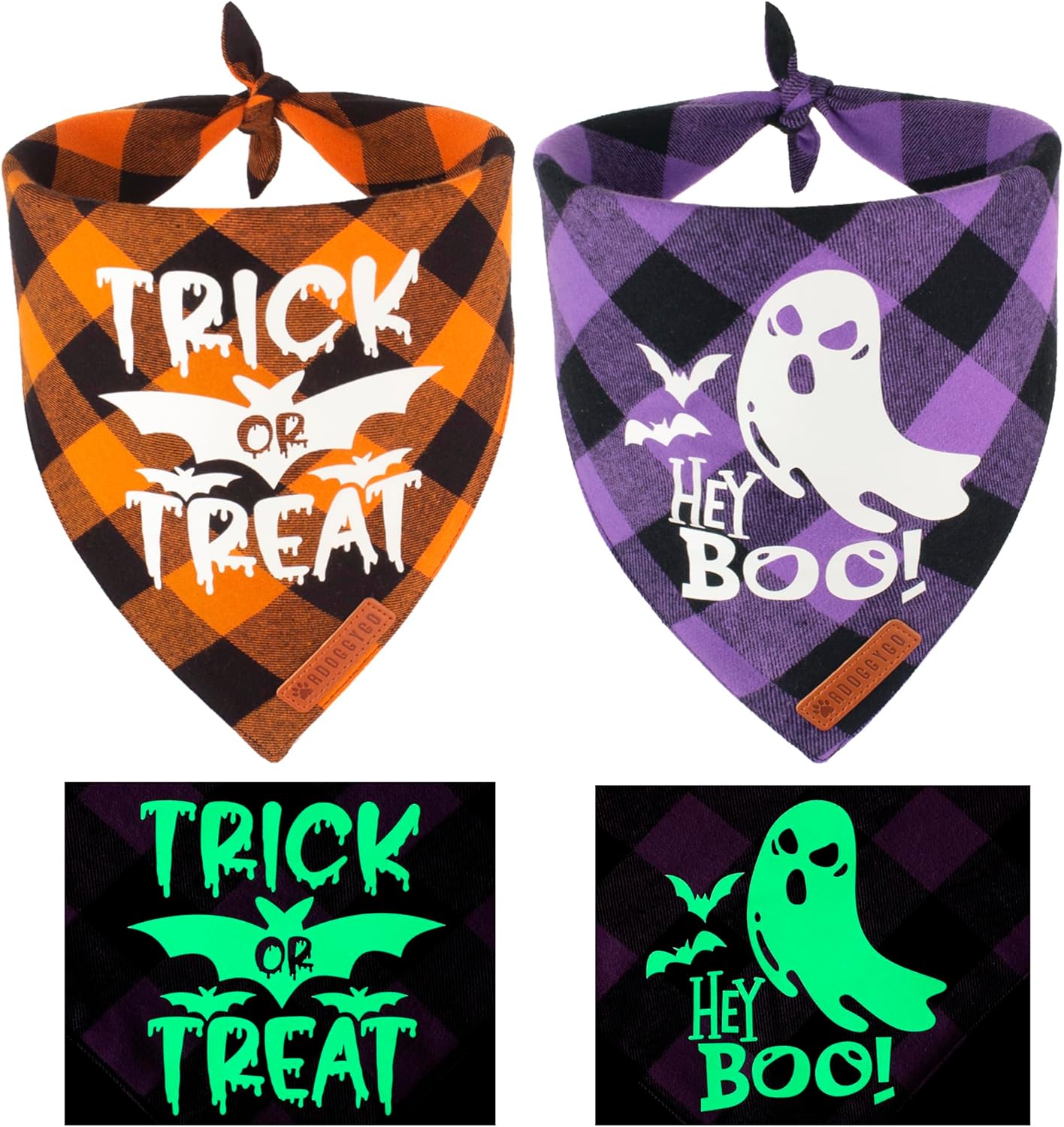 ADOGGYGO Halloween Dog Bandana Reflective Trick or Treat Boo Scarf Orange Purple Plaid Halloween Bandanas for Medium Large Dogs Pets (Large)