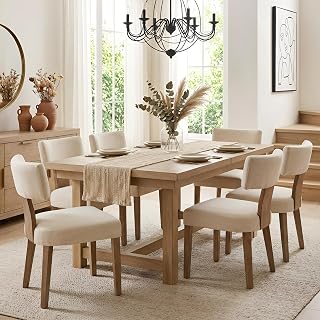 HNY Mid Century Modern Dining Chairs Set of 6 Beige Linen Upholstered Curved Back Kitchen Chairs Wood Frame
