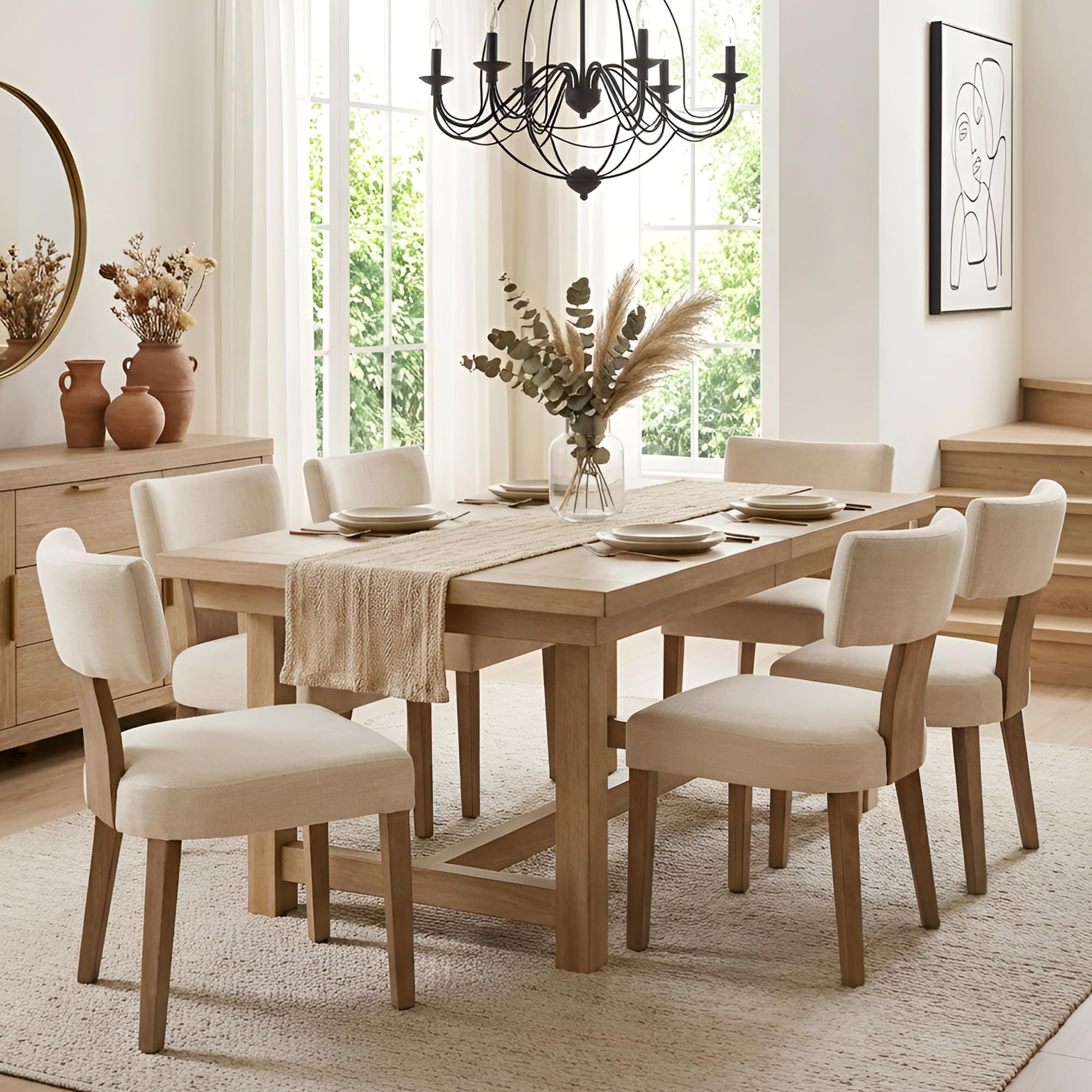 HNY Mid Century Modern Dining Chairs Set of 6, Farmhouse Linen Fabric Upholstered Accent Curved Backrest Kitchen Chairs, with Hardwood Frame, Beige, Linen