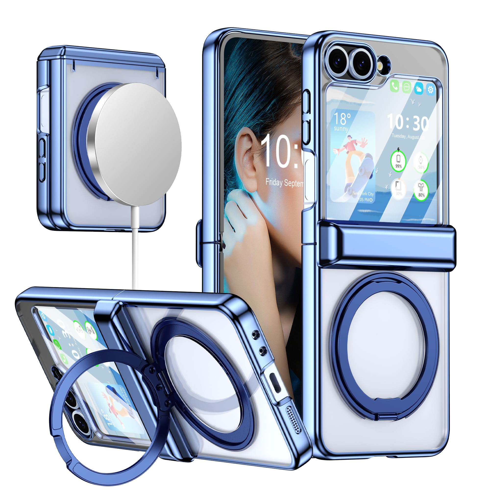 Designed for Z Flip 6/5 Case Magnetic with Kickstand Clear Blue | Fit for MagSafe, Screen Protector & Hinge Protection, Slim Protective Phone Case Plating Cover for Samsung Galaxy Z Flip 6/5