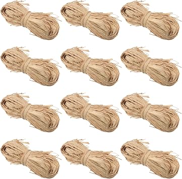 MUKLEI 12 Pack 600g Natural Raffia Bundles, Natural Raffia Roll, Brown Raffia for Handcraft Weaving, Gift Wrapping, Florist Bouquets, Decorations, 50g Per Pack