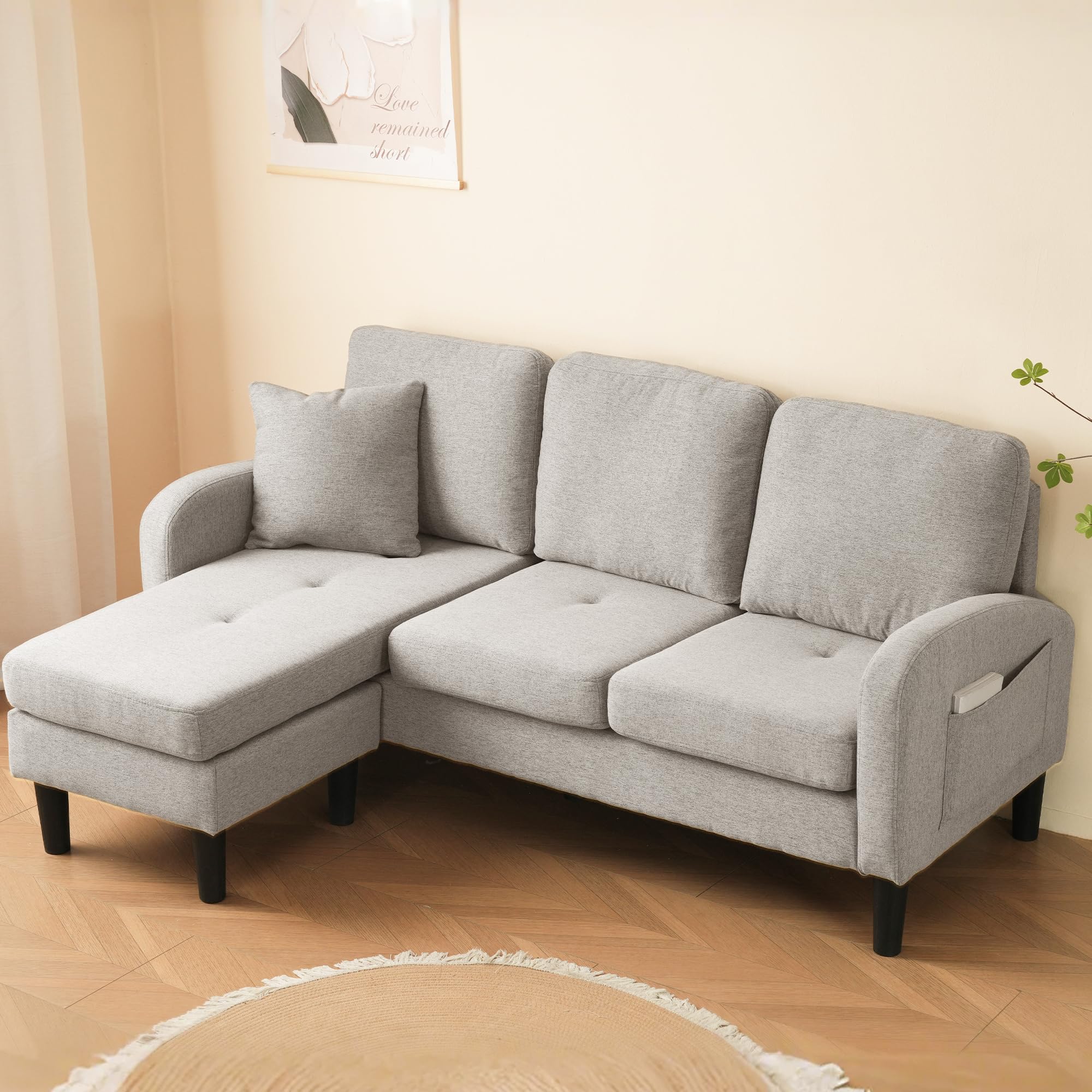 Sofá esquinero con chaise longue, sofá de 3 plazas con patas de plástico, tela de lino de algodón, ideal para salones, apartamentos y oficinas, color beige