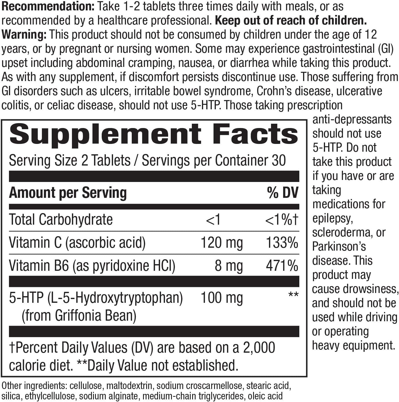 Nature's Way 5-HTP, Calms Nerves and Supports Appetite*, L-5-Hydroxytryptophan, Vitamins B6 & C, Griffonia Bean Extract 50 mg Per Tablet, 60 Count