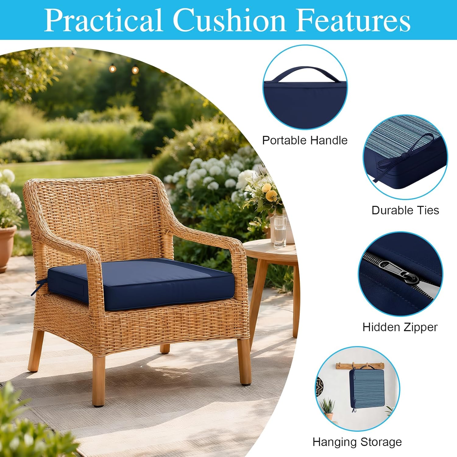 Amagenix Outdoor Chair Cushions Set of 2, 20"x20"x3" Waterproof Outdoor Seat Cushions for Patio Furniture, Stripe Reversible Patio Cushions with Ties & Handle & Hidden Zipper, Fade-Resistant,Navy Blue