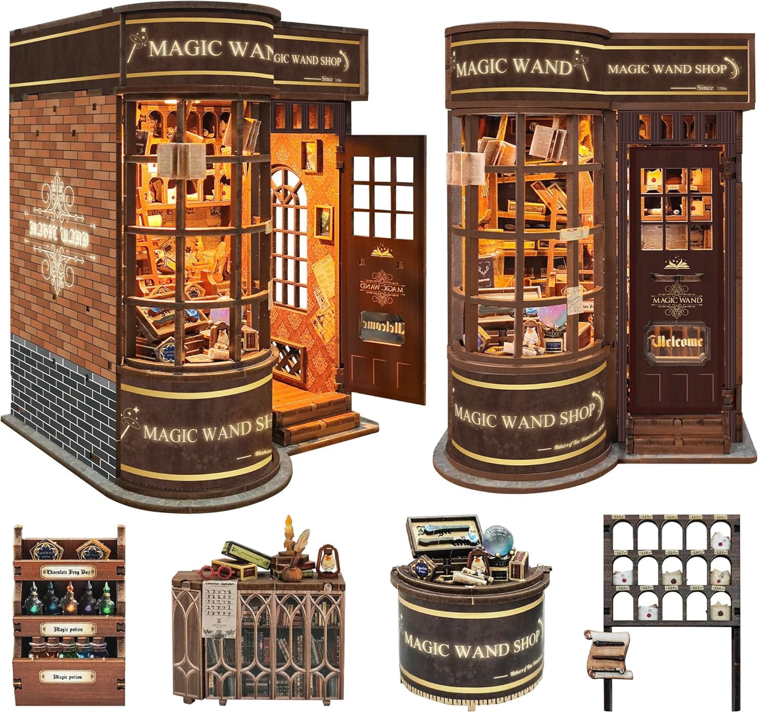 Book Nook Kit for Adults, DIY Booknook Kit with Magic Wand 3D Dollhouse Bookend for Bookshelf Decoration,Wooden 3D Puzzles with Led Light Bookend Bookshelf Decor for Adults Teens-Magic Wand Shop