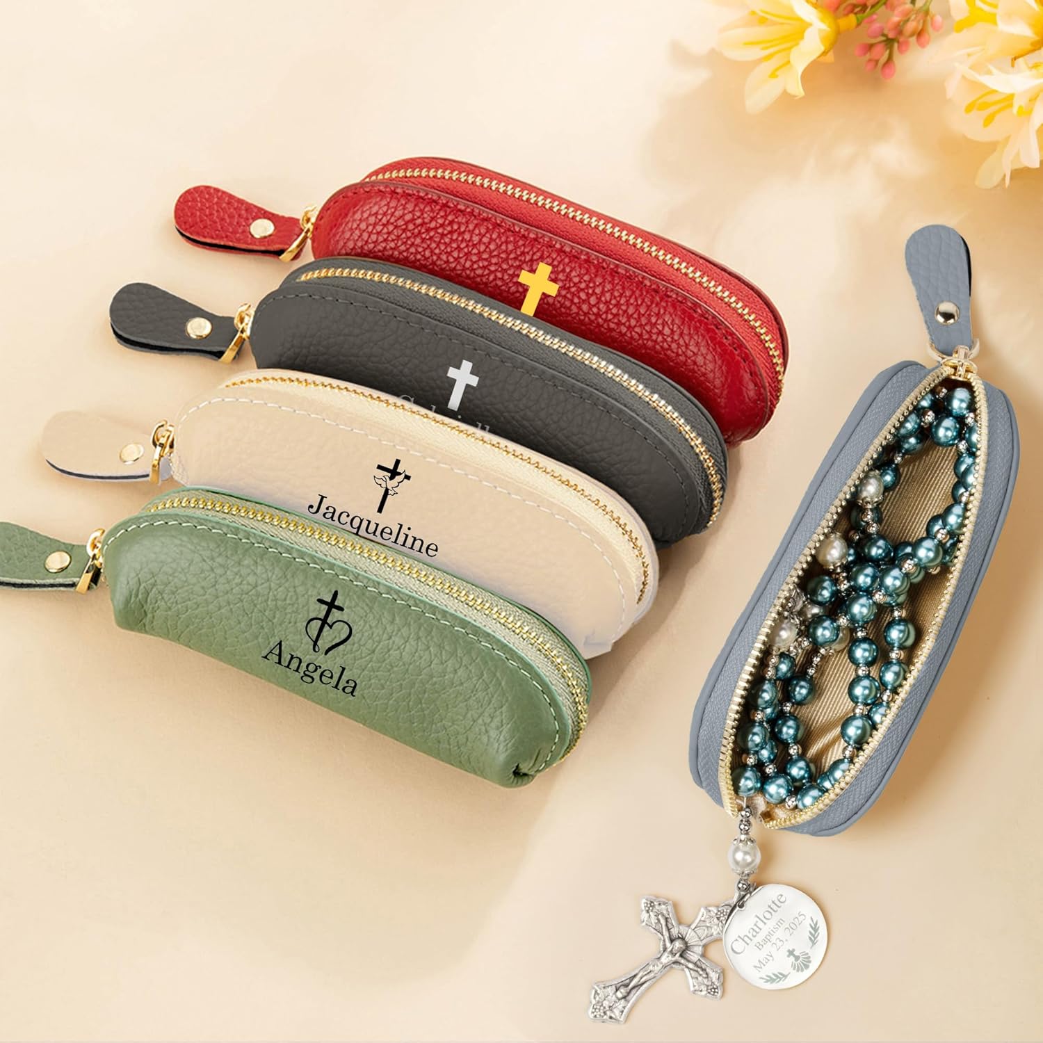 Personalized Rosary Case With Zipper Leather Custom Name Cross Rosary Pouch Small Travel Rosary Holder Storage Gifts For Women Mother 12 Colors Size 4.72×1.18×1.38INCH - Image 3