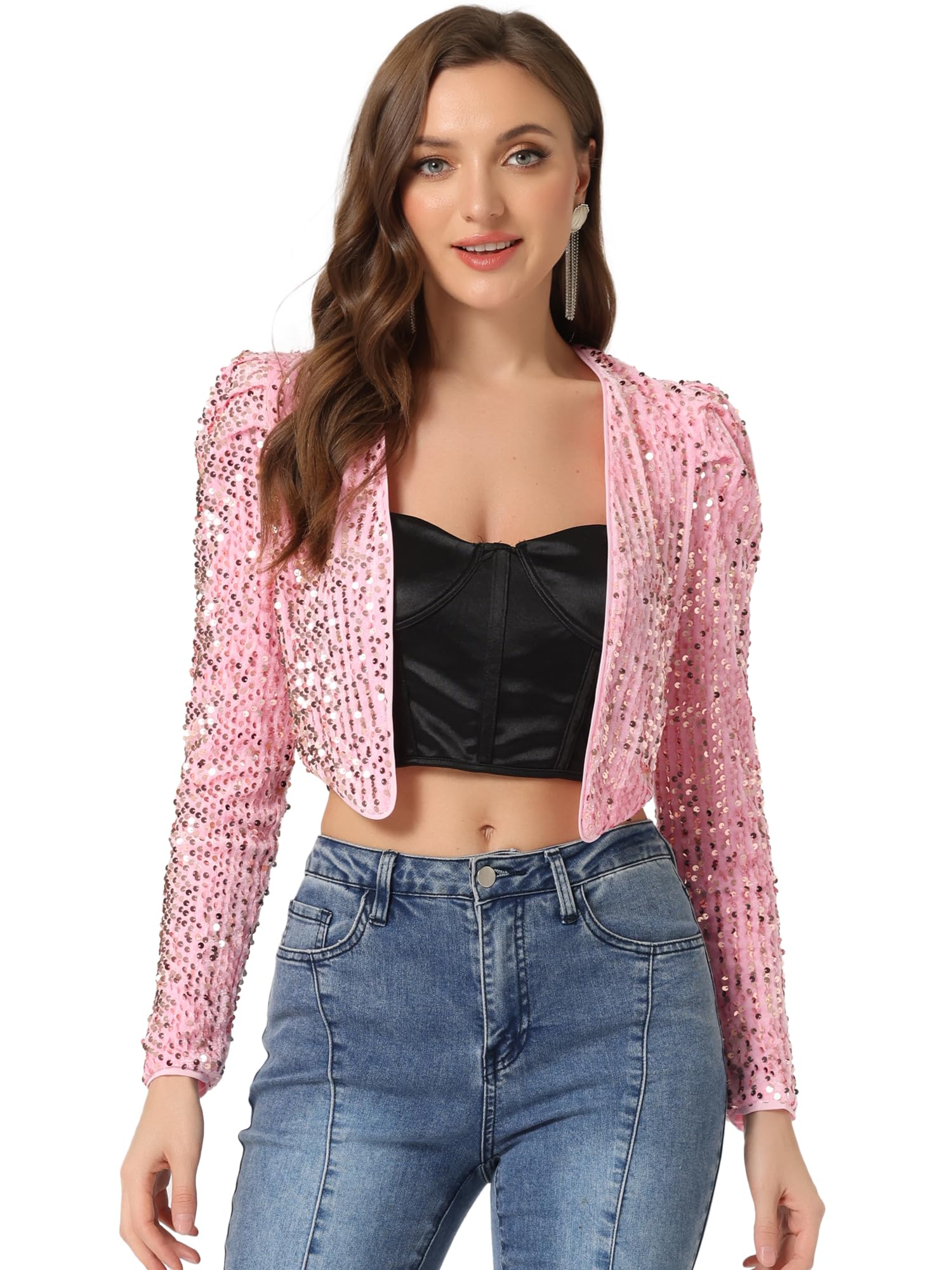 Allegra K Women's Sequin Shrug Open Front Collarless Glitter Sparkly Crop Blazer Jacket