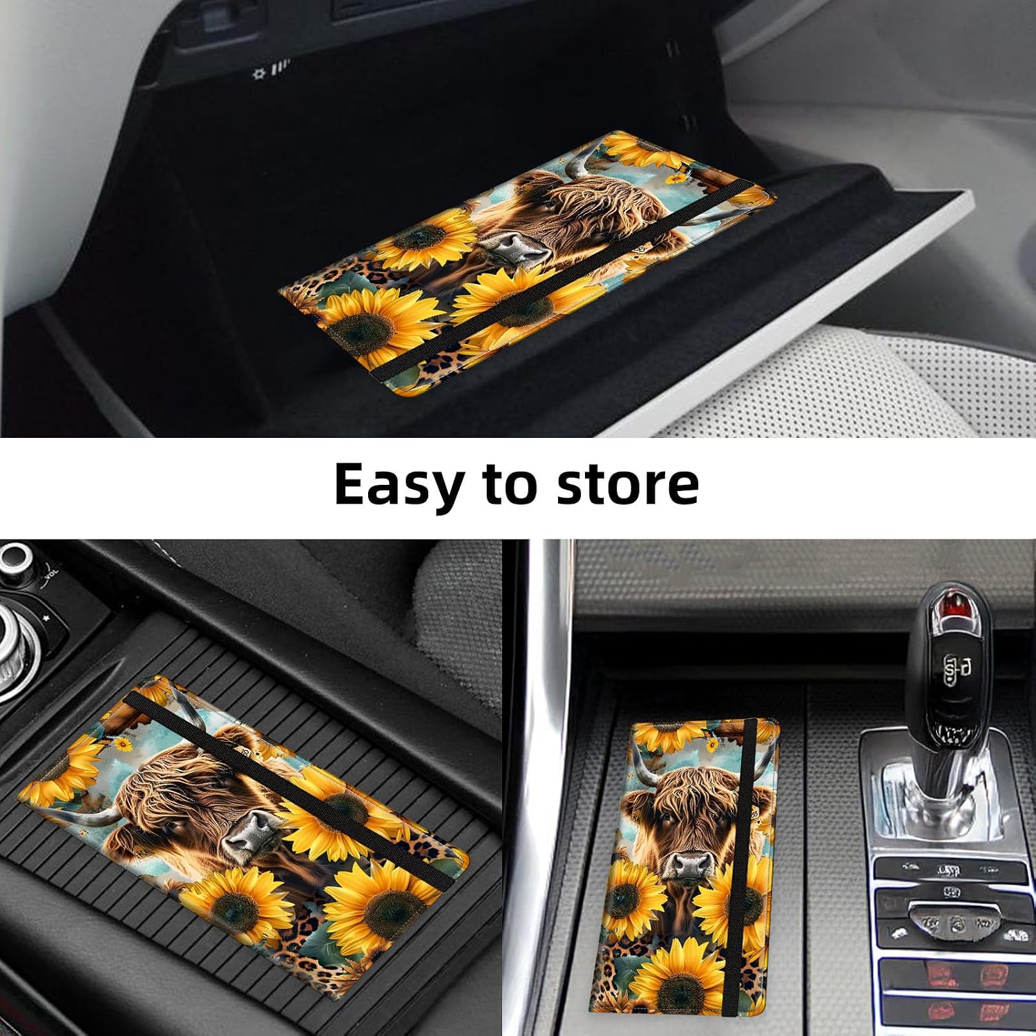 Car Registration and Insurance Holder PU Leather Vehicle Insurance and Registration Holders Wallet Case with Elastic Band Closure for ID Card, Driving Licence, Sunflower Highland Cow
