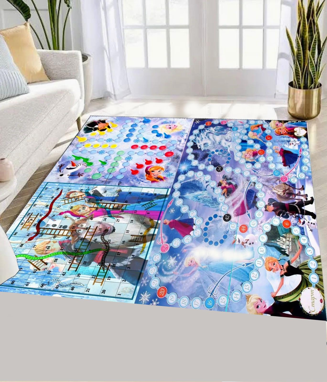 MUREN® Jumbo 3 in 1 Ludo, Snake & Ladder Big Size Reversible Kids Play Mat 54 X 54 Inches with 5 X 5 Inch Dice & Tokens, Anti-Skid Jumbo Family Fun Outdoor/Indoor Activity (Frozen Princess)